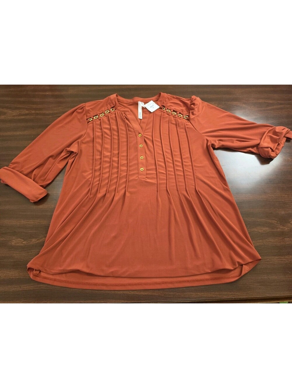 NWT NY Collection Women SZ Large Copper Rust 3/4 Sleeve Gold Accents Pleated Top